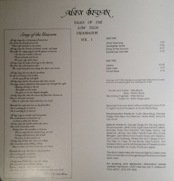 Alex Bevan : Song of the Unicorn - Tales of the Low Tech Troubador Vol. I (LP)