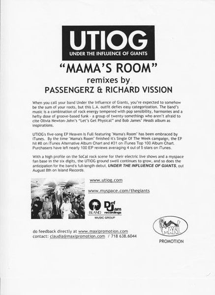 Under The Influence Of Giants : Mama's Room (Remixes) (12", Promo)