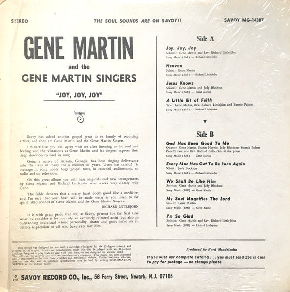 Gene Martin (2) And The  Gene Martin Singers* : Joy, Joy, Joy  (LP, Album)