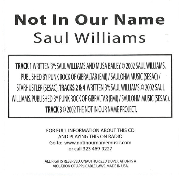 Saul Williams : Not In Our Name (CDr, Single, Promo)
