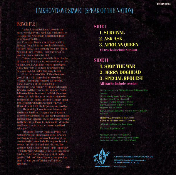 Prince Far I : Umkhonto We Sizwe (Spear Of The Nation) (LP, Album, RE)