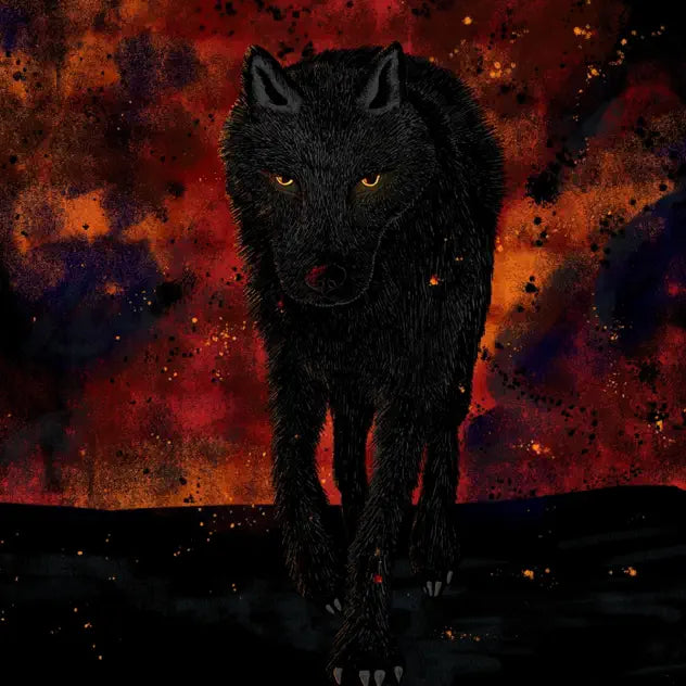 Black wolf with glowing eyes against a fiery background