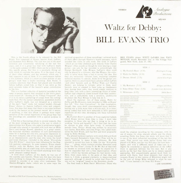 Bill Evans Trio* With Scott LaFaro, Paul Motian : Waltz For Debby (LP, Album, Ltd, Num, RE, 180)