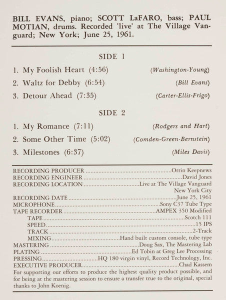 Bill Evans Trio* With Scott LaFaro, Paul Motian : Waltz For Debby (LP, Album, Ltd, Num, RE, 180)